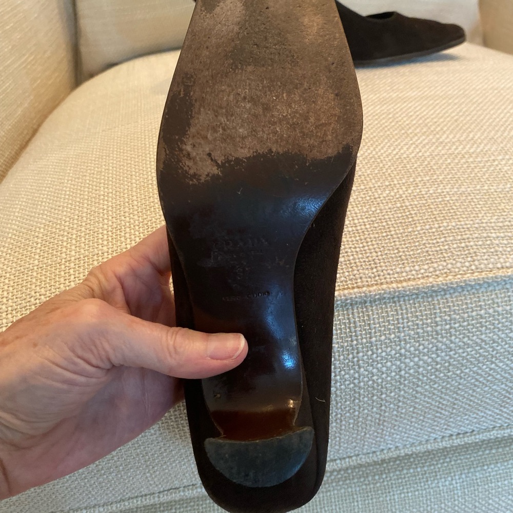 Prada Brown Suede Square Toe w Unique Heel Pump / Womens Size 8 - Picture 13 of 13